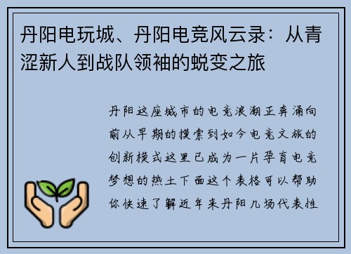 丹阳电玩城、丹阳电竞风云录：从青涩新人到战队领袖的蜕变之旅